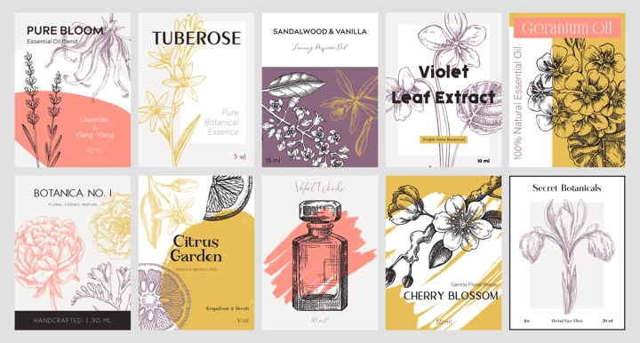 Vector set of botanical perfumery and cosmetic product label templates. Vintage hand-drawn illustration. Collage style perfume designs. NOT AI generated
